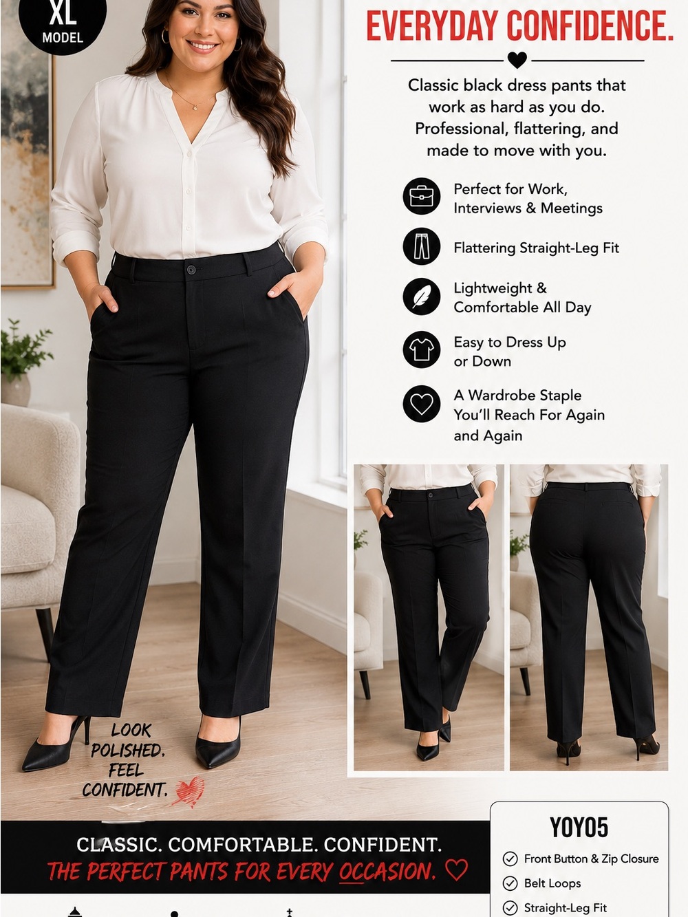 Everyday Confidence Black Straight-Leg Pants for Women